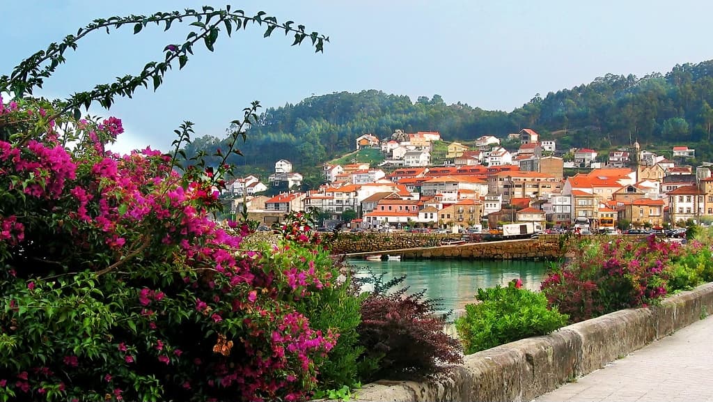 View of Muros village and harbour from a flower-framed waterfront walk